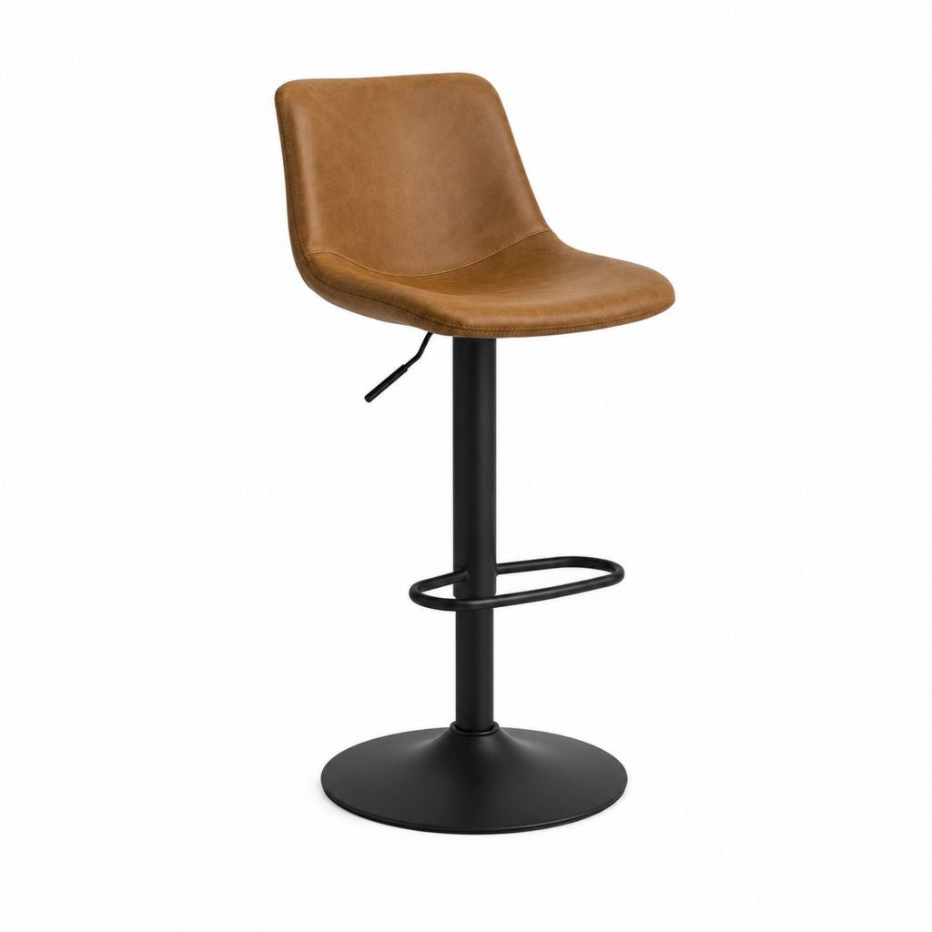 Tabouret de bar réglable pivotant marron en similicuir PU avec pied en acier noir 90-111 cm