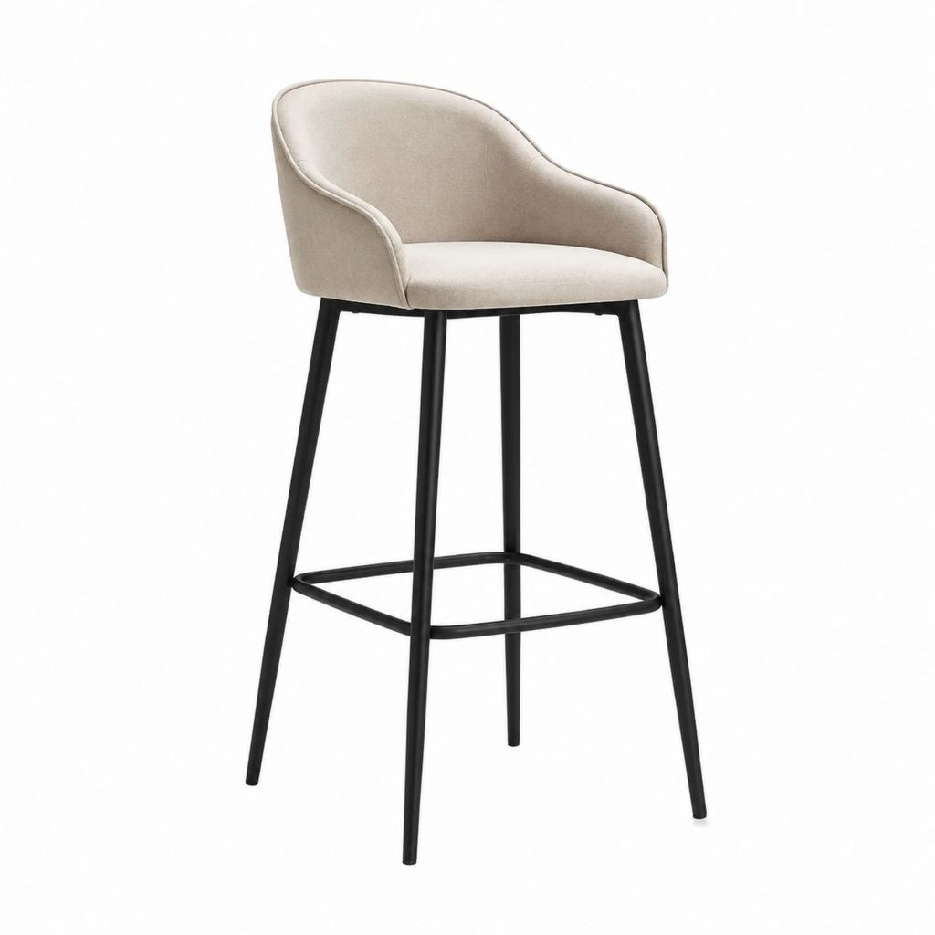 Tabouret de bar avec accoudoirs beige en polyester et acier noir 52 x 55 x 98 cm
