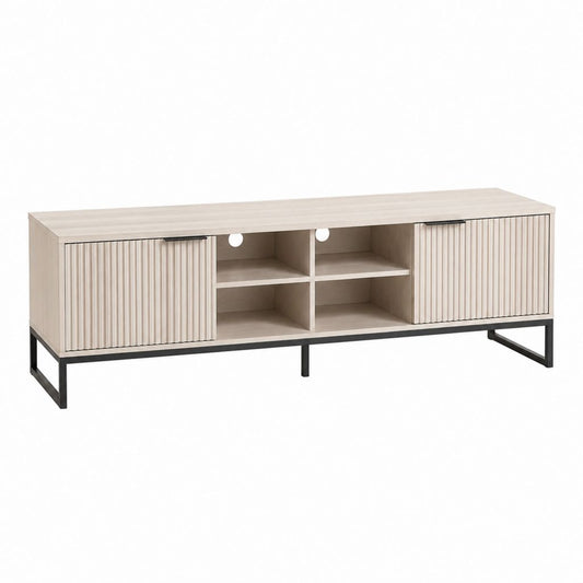 Meuble TV 160 cm chêne clair en MDF avec portes coulissantes et structure en acier noir