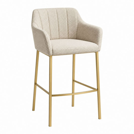 Tabouret de bar avec accoudoirs beige en polyester bouclette et acier doré 55 x 55 x 101 cm