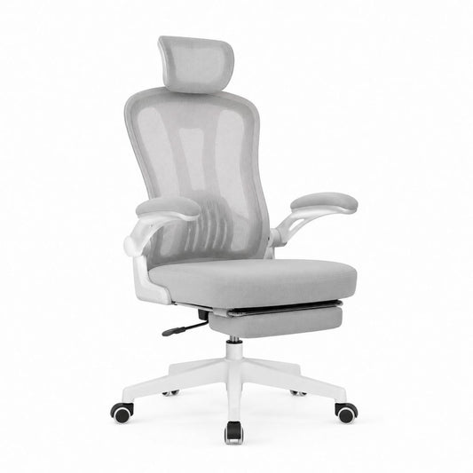 Chaise de bureau ergonomique grise en maille polyester avec repose-pieds 65 x 65 x 116-126 cm