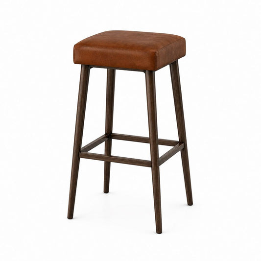 Tabouret de bar carré marron en cuir synthétique PU et bois massif 40 x 40 x 76 cm