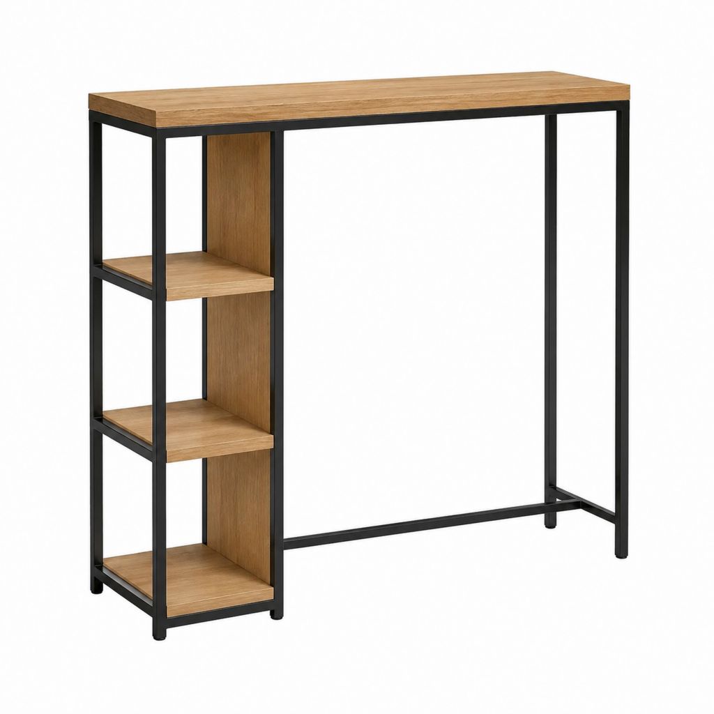 Table de bar rectangulaire avec étagères chêne et acier noir 120 x 40 x 105 cm