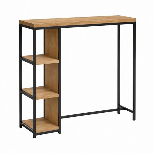 Table de bar rectangulaire avec étagères chêne et acier noir 120 x 40 x 105 cm