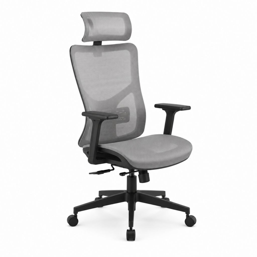 Chaise de bureau ergonomique grise en maille polyester avec appui-tête réglable 64 x 64 x 119-129 cm
