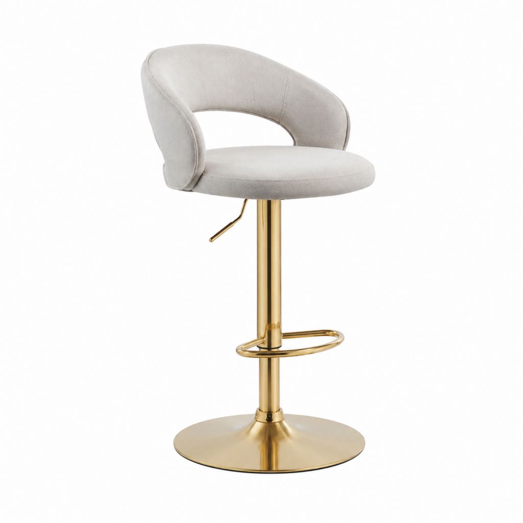 Tabouret de bar réglable beige en velours polyester avec piètement en acier doré 50 x 54 x 88-109 cm