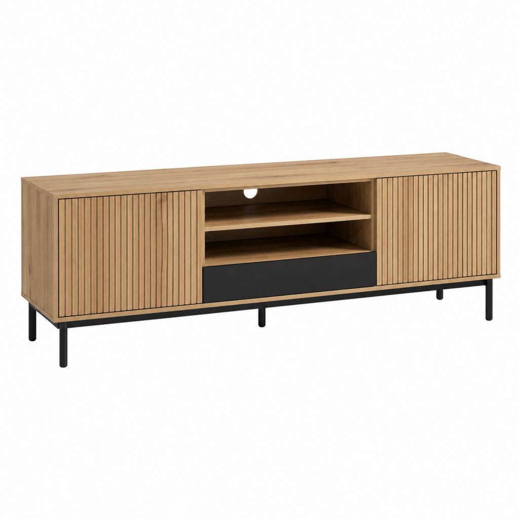 Meuble TV 160 cm chêne clair et noir en panneaux de particules avec 2 portes coulissantes