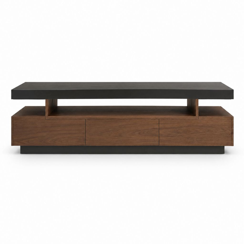Meuble TV rectangulaire noyer et noir en panneaux MDF 180 x 40 x 55 cm avec 3 portes et niche ouverte
