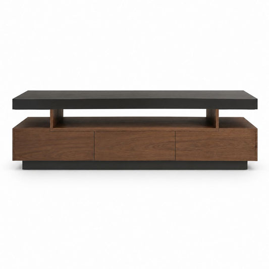 Meuble TV rectangulaire noyer et noir en panneaux MDF 180 x 40 x 55 cm avec 3 portes et niche ouverte