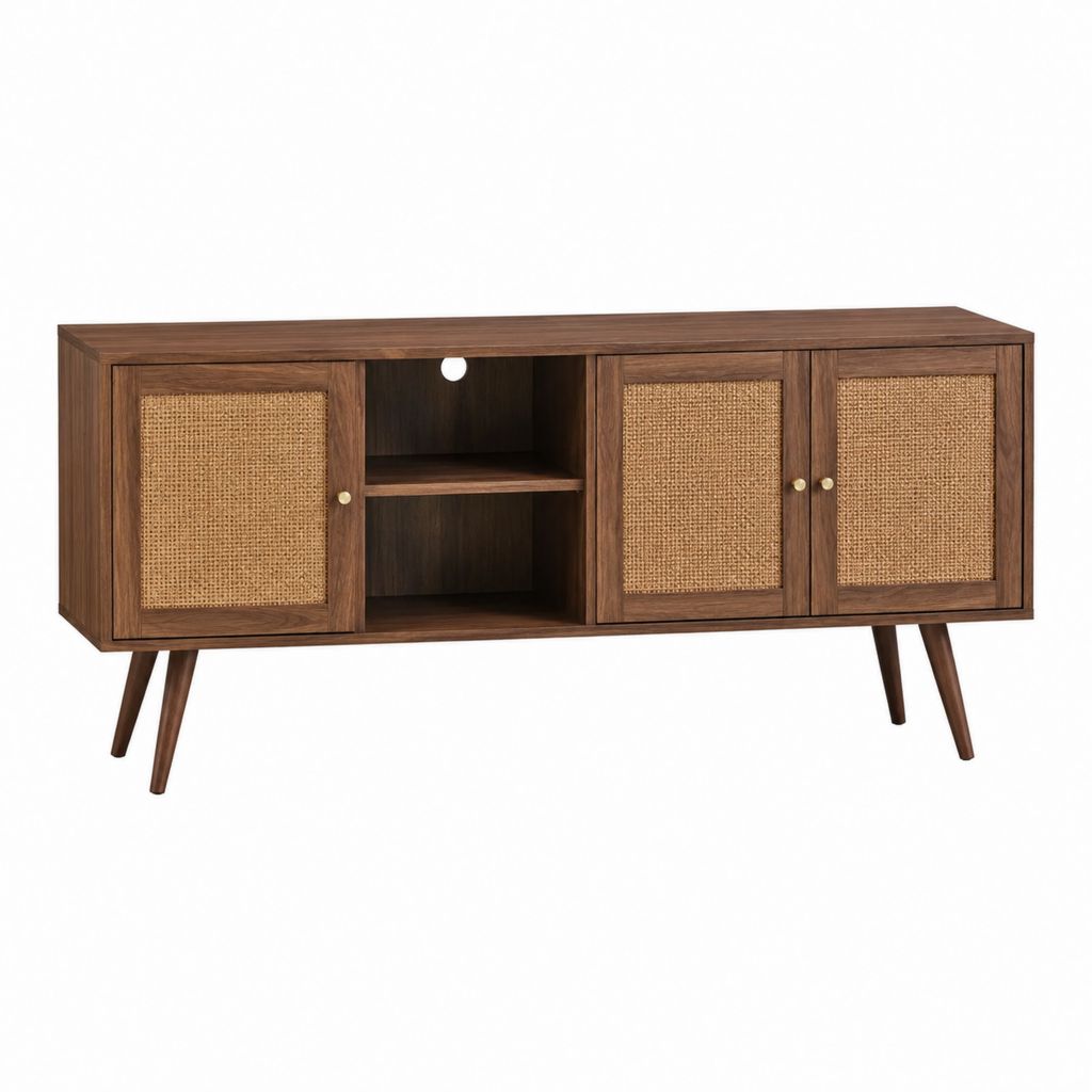 Meuble TV rectangulaire marron en MDF et cannage de rotin 160 x 40 x 75 cm