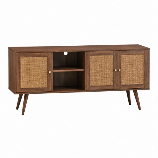 Meuble TV rectangulaire marron en MDF et cannage de rotin 160 x 40 x 75 cm