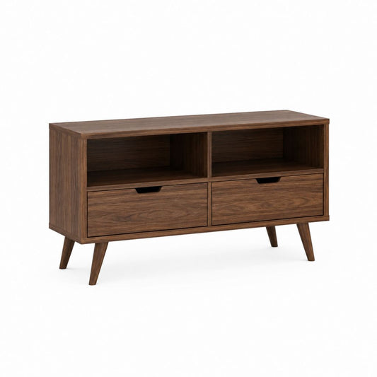 Meuble TV 2 tiroirs noyer en panneaux MDF plaqués 120 x 40 x 65 cm
