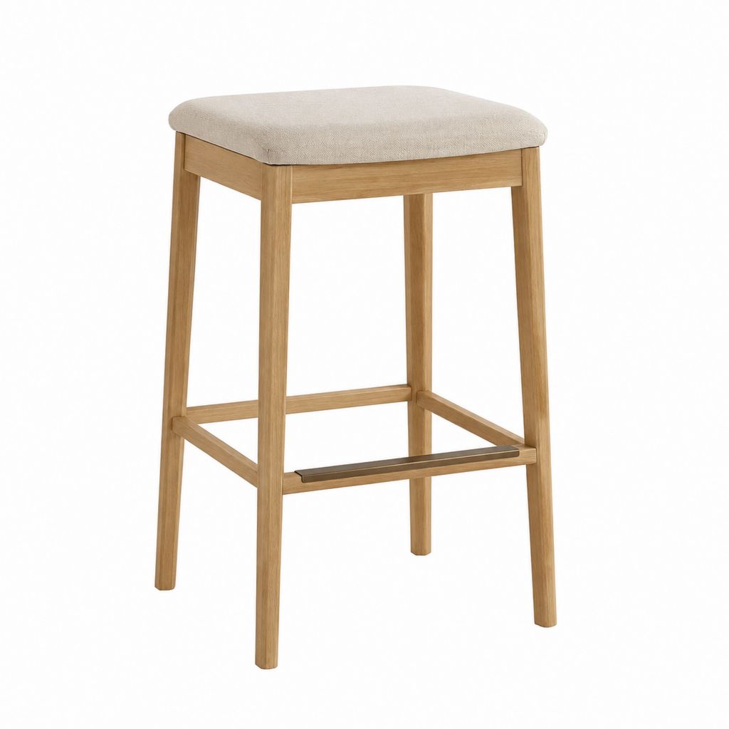Tabouret de bar en chêne massif naturel avec assise beige rembourrée 43 x 43 x 92 cm
