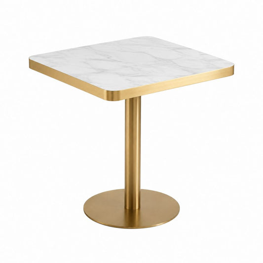 Table de bar carrée blanche effet marbre et dorée en MDF et acier inoxydable 70 x 70 x 75 cm