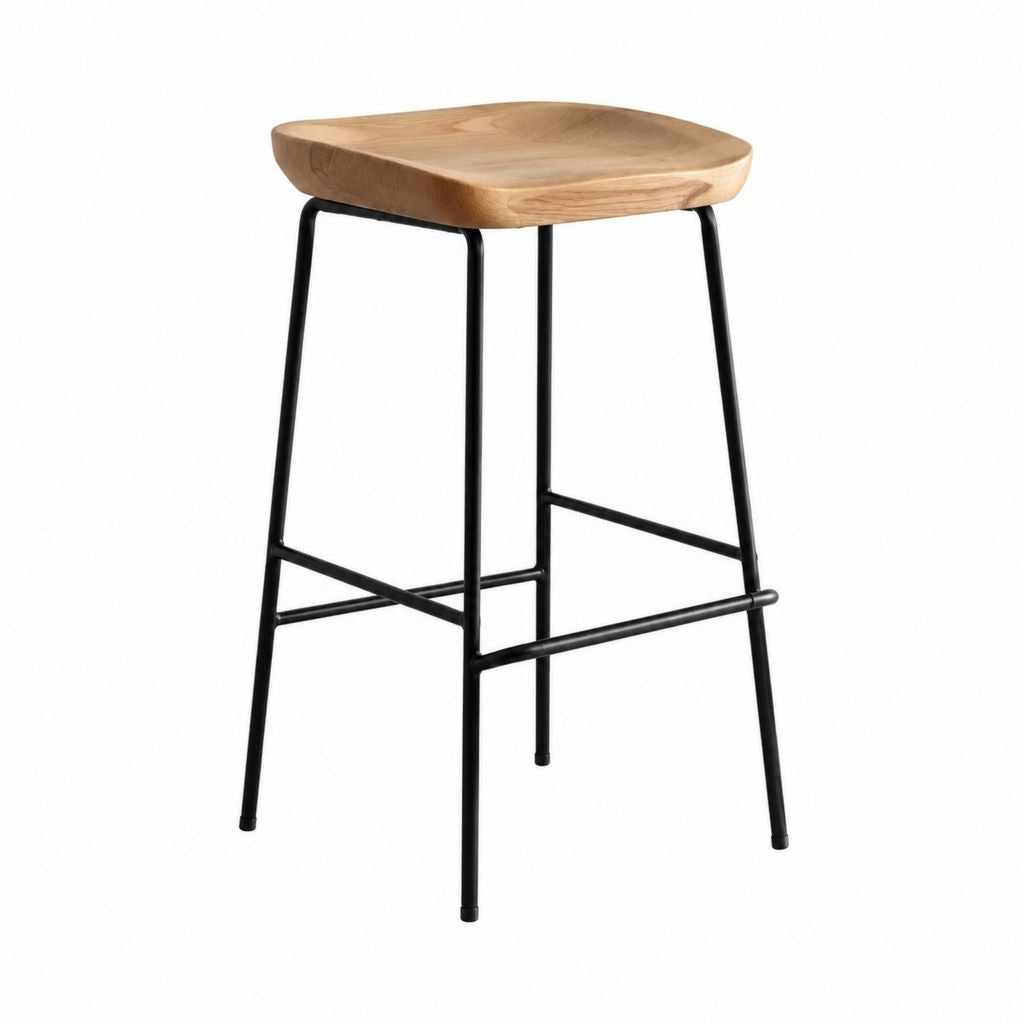 Tabouret de bar en bois massif naturel et acier noir avec repose-pieds 42 x 42 x 75 cm
