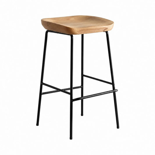 Tabouret de bar en bois massif naturel et acier noir avec repose-pieds 42 x 42 x 75 cm