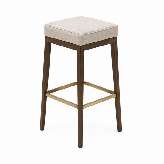 Tabouret de bar carré beige en textile et bois massif 43 x 43 x 76 cm
