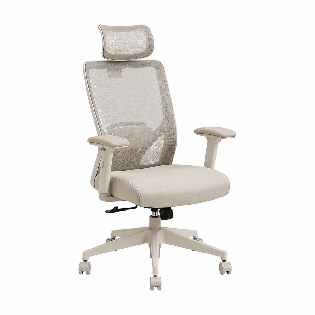 Chaise de bureau ergonomique beige en maille polyester avec appui-tête et roulettes 68 x 68 x 118-128 cm