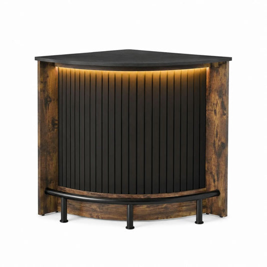 Comptoir de bar d'angle noir et brun en panneaux MDF 120 x 60 x 105 cm avec éclairage LED