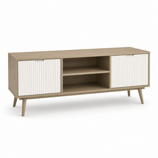 Meuble TV rectangulaire beige et blanc en panneaux de particules mélaminés 160 x 40 x 60 cm