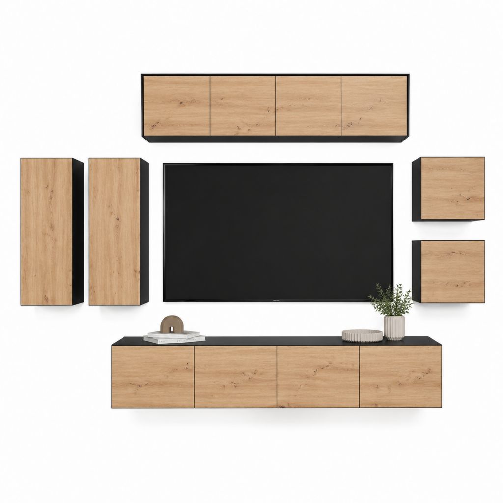 Ensemble meuble TV mural 6 pièces chêne naturel et noir en panneaux de particules 280 x 40 x 120 cm